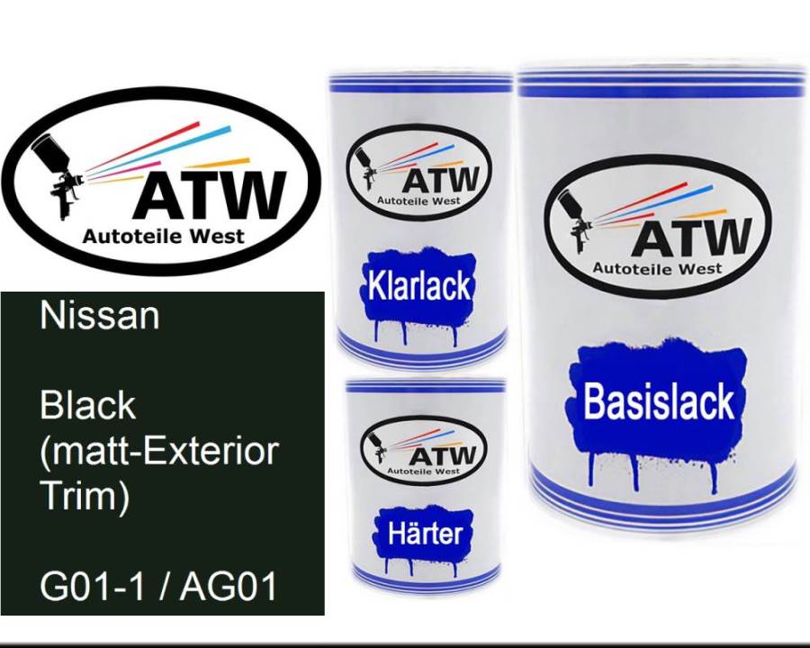 Nissan, Black (matt-Exterior Trim), G01-1 / AG01: 500ml Lackdose + 500ml Klarlack + 250ml Härter - Set, von ATW Autoteile West.